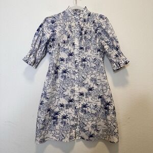 Taylor Tillman Womens Midi Dress Blue White Smocked Sz XS Vacation Resort Preppy